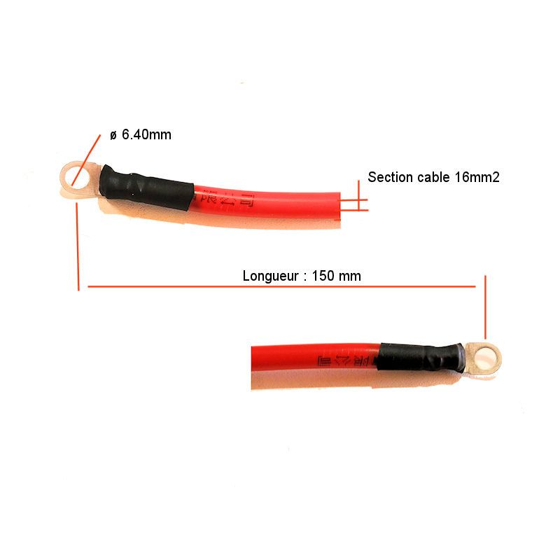 Batterie - Cable Rouge +12v - borne (+) - 16mm2 - long 150mm