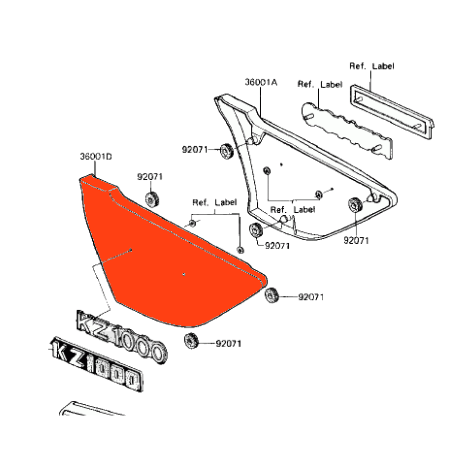 Cache lateral - GAUCHE - logo - Kawasaki - 36001-1109F2 - Z1000 J